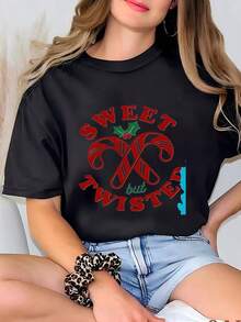 Camiseta de Algodón Estilo Vintage con Estampado de Eslóganes de Lisboa, Regalos Divertidos para Ella, Camiseta Gráfica de Bastones de Caramelo Dulces pero Torcidos, Camiseta para el Verano y Uso Diario - Negro - Ver 5