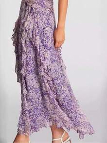 Vestido largo elegante gasa estampado cuello V hombros al descubierto estilo europeo primavera verano fiesta - Morado - Ver 4