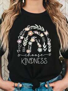 Women's T-shirt Camiseta de Moda para Mujer, Versátil, Casual, Cómoda, de Manga Corta, con Estampado Floral y la Letra KINDNESS, Cuello Redondo - Negro - Ver 1