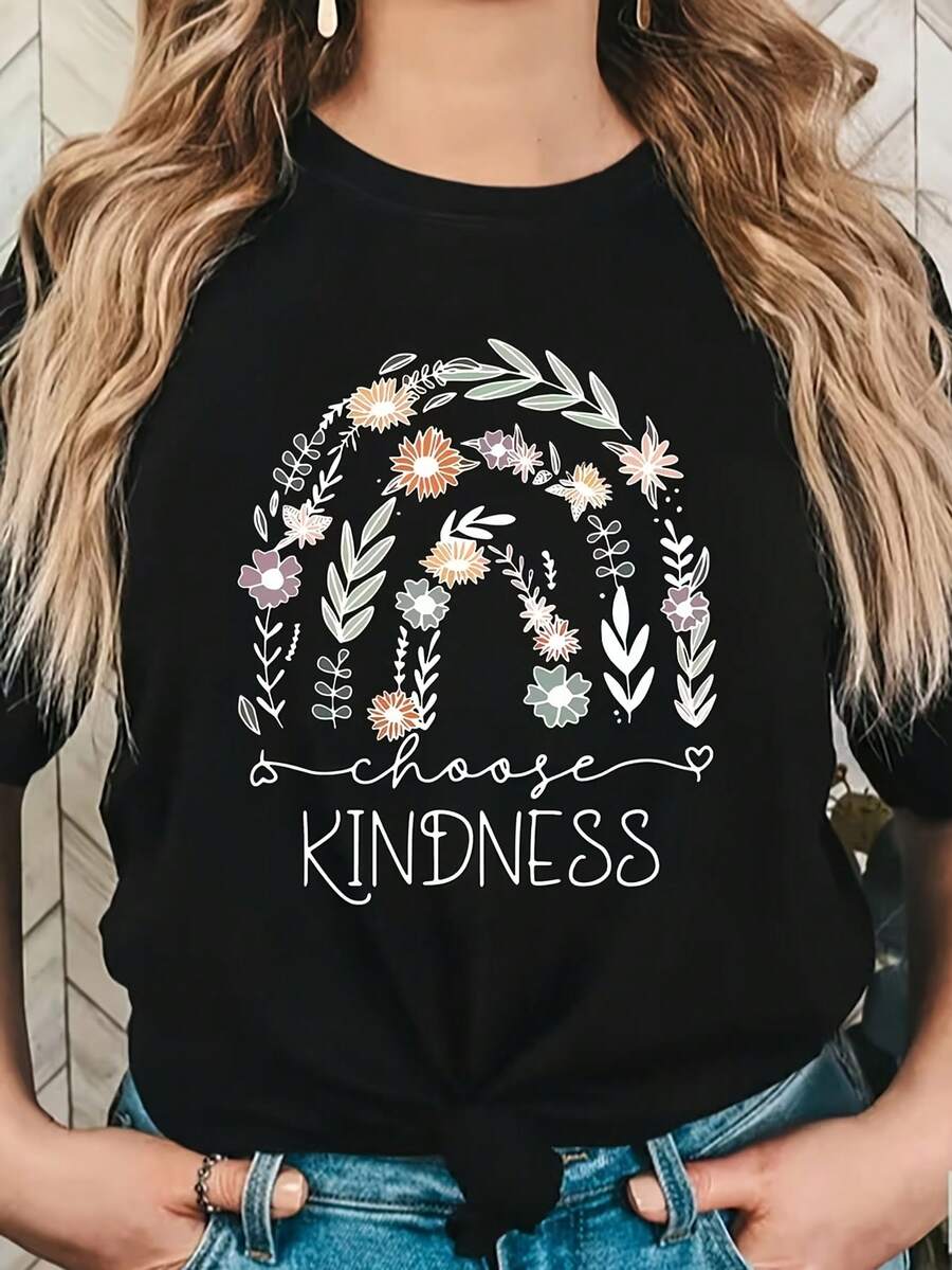 Women's T-shirt Camiseta de Moda para Mujer, Versátil, Casual, Cómoda, de Manga Corta, con Estampado Floral y la Letra KINDNESS, Cuello Redondo - Negro - Ver 1
