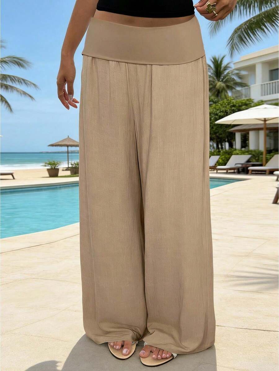 Y2K Women's Bohemian Linen Wide Waist And Wide Leg Fold-Out Pants, Solid Color Low Waist Relaxed Palazzo Pants, Comfortable Summer Beach Pants, Suitable For Everyday Leisure - 卡其色 - 查看 1