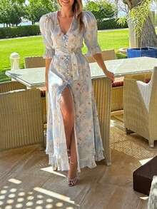 Vestido Largo Primavera Estampado Floral Cintura Ajustada Holgado Casual Estilo Europeo Elegante Moda Mujer - Azul - Ver 7