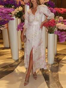 Vestido Largo Primavera Estampado Floral Cintura Ajustada Holgado Casual Estilo Europeo Elegante Moda Mujer - Rosa - Ver 2