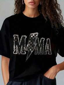 Camiseta de manga corta para mujer,% algodón, diseño estampado informal para mujer - Diseño con patrón de, cuadrícula de letras vintage desgastada y patrón de rayos. Camiseta para mujer -% algodón, cuello redondo informal de manga corta, ropa de verano fácil y elegante, regalo perfecto para parejas y fans. Tops de verano 2026, atuendos diarios para mujer. - Negro - Ver 8