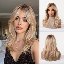 16 Inch Medium Straight Synthetic Hair Wig For Women, Ombre Gray-Brown To Golden Gradient Highlights, With Air Bangs, Heat Resistant, Layered Style, Natural For Daily Wear & Party - Multicolor - View 14