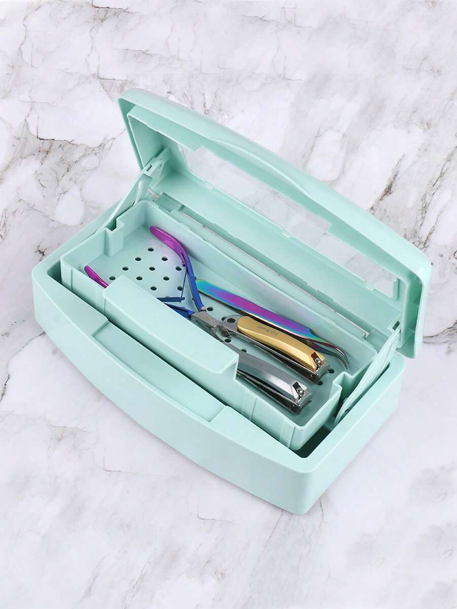 1pc Nail Sterilization Storage Box With Transparent Cover For Manicure Tools And Nail Polish Nail Tools Tweezers ,Durable Plastic Organizer For Nail Technicians & Estheticians, Salon Hygiene Solution, Efficient Disinfection System - Blue - View 1