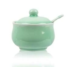 Sal de porcelana con tapa y cuchara, recipiente de sal de 4.5 onzas para especias y condimentos, elegante decoración de mostrador de cocina, celadón chino - Verde Claro - Ver 7