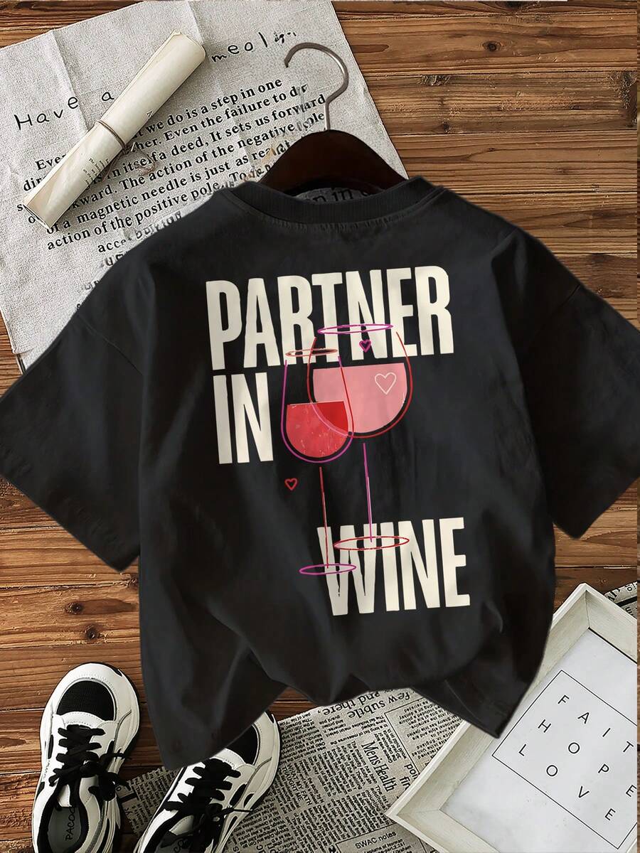 Camiseta con Estampado Gráfico, Manga Corta, Cuello Redondo, Top Casual para Verano y Primavera, Ropa de Mujer - Negro - Ver 1