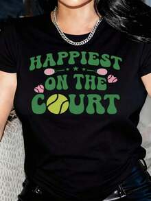 Camiseta gráfica de tenis para mujer con estampado "Happiest On The Court" - Cuello redondo deportivo, manga corta con estampado de corazón y pelota, cómoda para todas las estaciones, lavable a máquina, top casual deportivo para amantes del tenis, regalos para jugadores y fans. Adecuado como regalo.playera de mujer.blusas>elegante.boho chic,Top de mujer suave, transpirable y cómodo, ideal para primavera, verano y otoño, perfecto para vacaciones, viajes y uso diario. - Negro - Ver 6