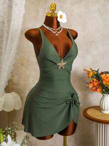 2026 Zestiva Falda de traje de baño elegante para mujer con correa ancha de unicolor y decoración de estrella de mar, adecuada para primavera, verano y otoño en vacaciones de playa - Azul - Ver 9