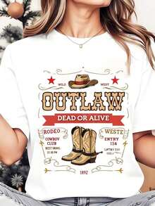 Camiseta de Cuello Redondo para Mujer, Estampado de Vaquero del Oeste, Botas, Sombrero, Rodeo, Club, Estilo Salvaje, Ropa Casual para Festivales y Fiestas, 220g, Playera Holgada para Mujer - Blanco - Ver 7