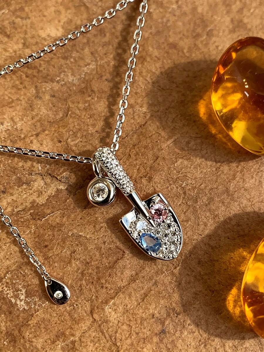 Creative Rhinestone Shovel Necklace, Unique Design Colorful Diamond Pendant Necklace, Luxury Personalized Versatile Commuting & Dating Jewelry, Distinctive Gift For Girlfriend Or Best Friend - Shovel Necklace - View 1