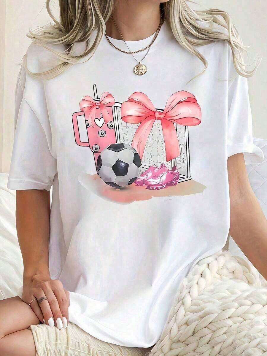 1 Piece, Men's And Women's Casual Fashion T-Shirt, Soft, With Graphic Prints, Fun Gift, Soccer Print, Women's Fashion, Round Neck, Short Sleeve, Simple Casual Sports T-Shirt, Comfortable Summer Top For Women, 100% Cotton, Soft Fabric. Basic Cotton Round Neck T-Shirt For Women, Versatile, Easy To Match, Suitable For Daily Wear, Urban Style, Vacation Outfits, Weekend Outfits. - 白色的 - 查看 1