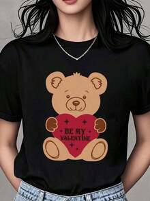 playeras de mujer algodon Camiseta de talla grande con estampado de oso de peluche sosteniendo un corazón y la frase "Be My Valentine" para el Día de San Valentín, estilo vintage urbano, unisex, de algodón, manga corta, cuello redondo, blusas para mujer. blusas.blusas casuales para dama.Impresión de osos cariñosos.Camiseta estampada Impresión de osos cariñosos.   >ropa - Negro - Ver 2