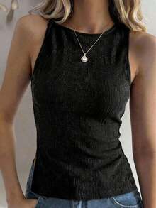 Camiseta de tirantes casual de mujer con cuello redondo y bajo con abertura lateral de unicolor - Negro - Ver 2