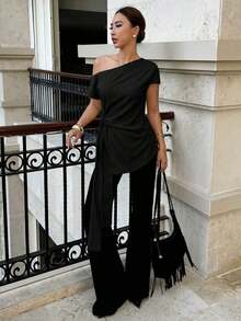 Blusa de lino elegante y única con mangas tipo murciélago para mujeres, blusa de verano, elegante blusa de mezcla de lino con detalles de lazo lateral y diseño ajustado, blusa social, blusa para ir al trabajo, blusas elegantes, vacaciones, fies - Negro - Ver 6
