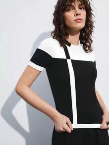 Blusa de punto para mujer, en bloque de color negro y beige, ajustada, versátil para el transporte urbano, casual de negocios, prenda exterior básica, atuendo elegante de mujer en otoño/invierno - Blanco y Negro - Ver 5