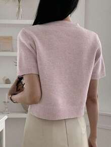 Top de punto casual corto de manga corta y cuello redondo de unicolor ajustado y corto para mujer, verano - Rosa - Ver 2