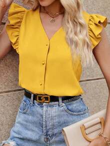 Camisa de mujer con cuello en V a rayas y mangas con volantes, camisas de verano para mujeres - Amarillo - Ver 4