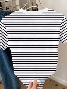 Camiseta de mujer de moda casual con cuello redondo, manga corta y estampado de bloques de color - Multicolor 10 - Ver 2