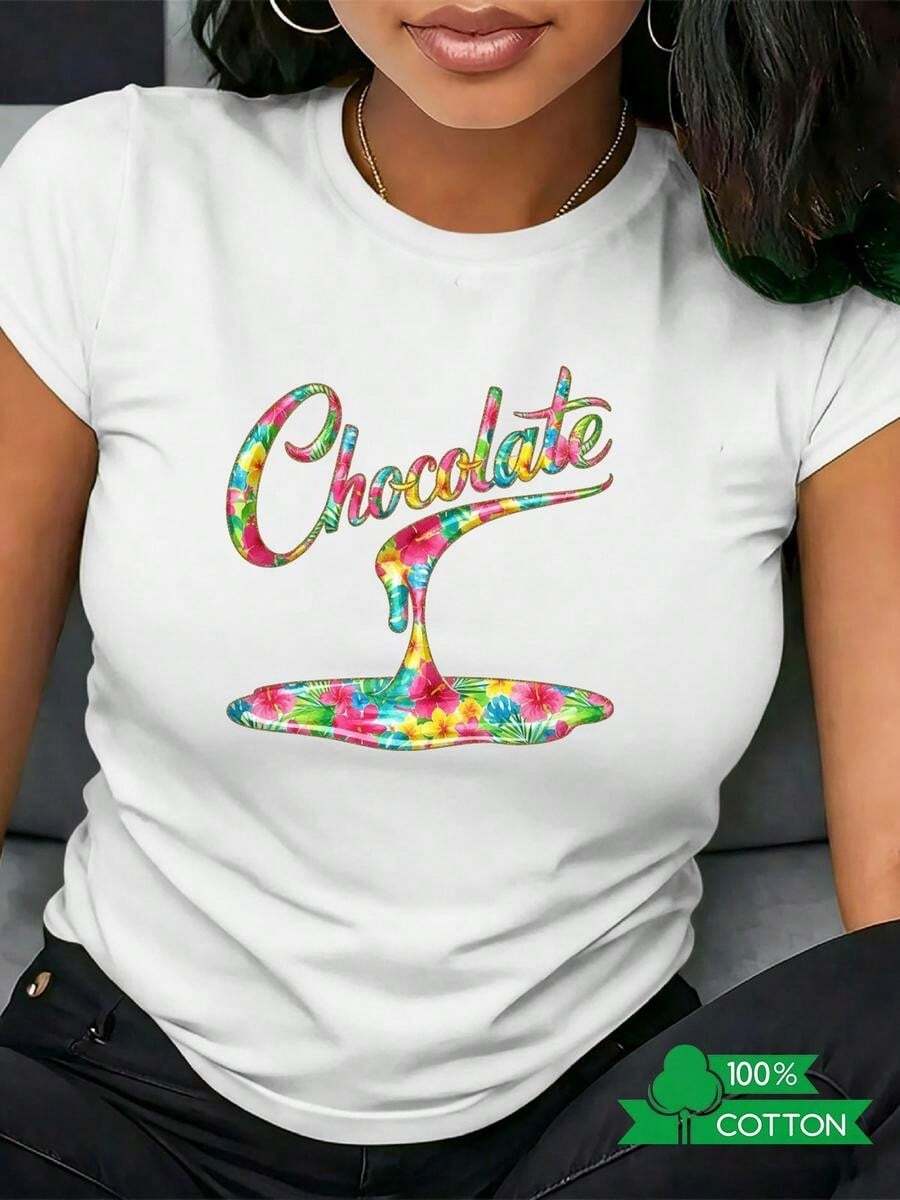 1 pieza de playera para hombre y mujer, 100% algodón puro, cuello redondo casual con estampado, manga corta transpirable para uso diario, dise?o femenino con letras animadas y estampado - Blanco - Ver 1