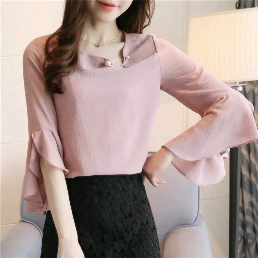 Women's Loose Chiffon Blouse With Seven-Point Ruffle Sleeves - 灰色 - 查看 1