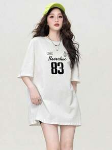 Camiseta de mujer de marca de moda de algodón puro beige de cuello redondo holgado, estampado numérico negro, casual, minimalista de manga corta, ajuste relajado de algodón - Blanco - Ver 5