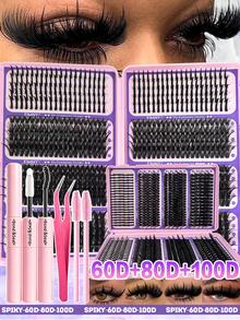 Eimny 760pcs + 60D + 80D + 100D High Capacity Eyelash Book, 3D Super Fluffy Soft Comfortable High Quality DIY Eyelash Cluster, Russian Eyelash Extension Set, Pointed Tip Eyelash Cluster, 3D Curled Eyelash Cluster, D-Curl Curled Eyelash Cluster Set, 10-18MM DIY Eyelash Extension, 7 Styles Eyelash Cluster, Pointed Tip Eyelash, Individual Eyelash Cluster For Home Use - Multicolor - View 2