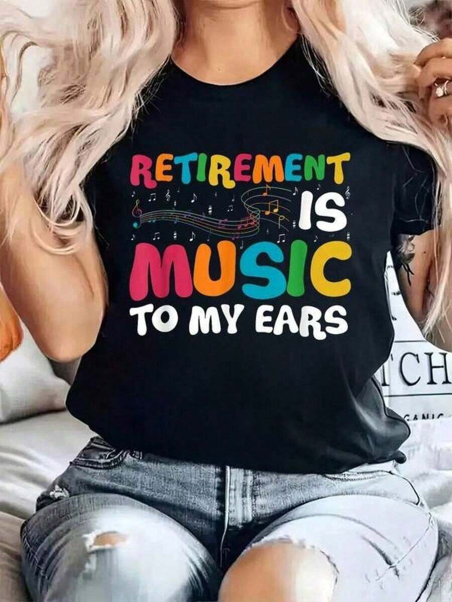 Camiseta% Algodón con Estampado El Retiroúsica Para Mis Oídos, Profesora deúsica Retirada, Cuello Redondo, Para Verano, Camiseta Suave de Manga Corta para Mujer, Camiseta Elegante y Cómoda para Mujer, Camisetas con Estampados - Negro - Ver 1