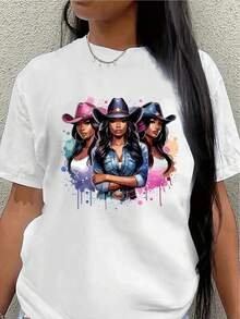 Camiseta de manga corta, ligera y duradera, con coloridos motivos femeninos de estilo occidental, es perfecta para salidas informales o para descansar en casa, lo que la convierte en una opción ideal para comodidad y estilo diario.blusa casual mujer - Blanco - Ver 7