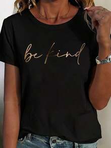 Camiseta Blanca con Estampado de Letras Doradas "Be Kind" para Uso Casual Diario para Mujeresblusa casual mujer - Negro - Ver 2