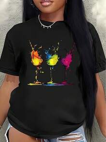 Camiseta de manga corta, ligera y duradera, con un vibrante diseño de gotas de cóctel, perfecta para salidas informales en casa, en restaurantes o en fiestas. Fabricada con material suave y estampada con motivos artísticos llamativos.blusa casual mujer - Negro - Ver 7