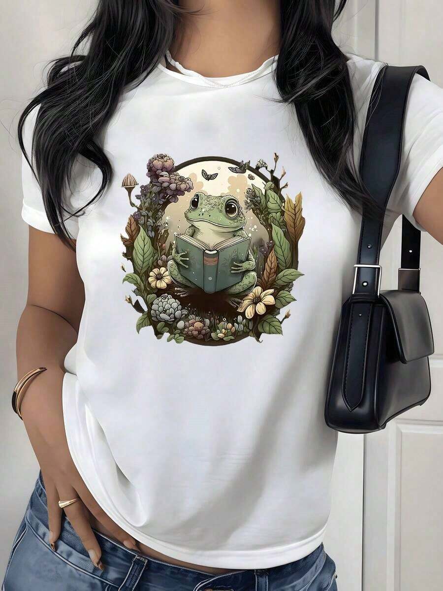 Camiseta con Estampado Gráfico de Rana Linda Leyendo un Libro, Diseño de Naturaleza, 180g, 1 Pieza, Estilo Botánico del Bosque, Camiseta Casual para Mujer, 100% Algodón, Estilo Vintage Estético - Blanco - Ver 1