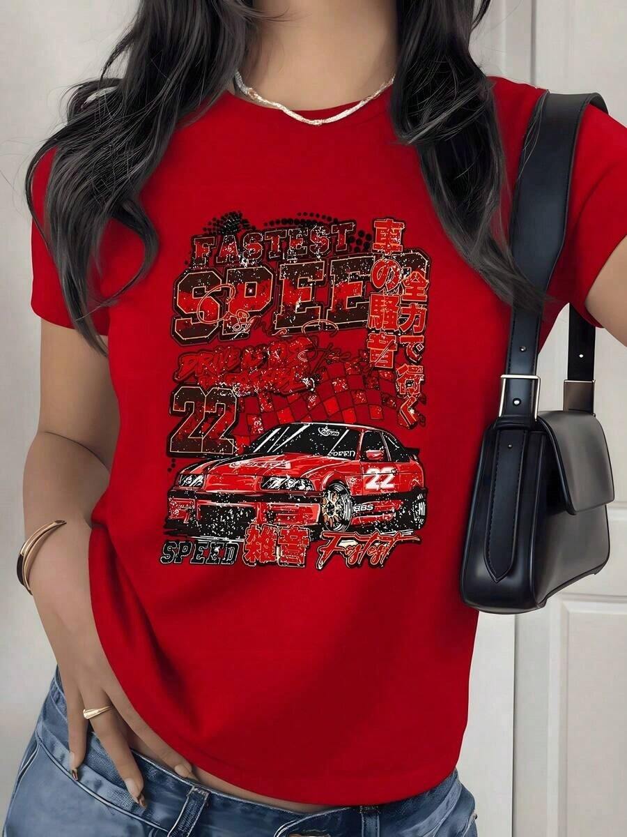 Racing Car Graphic Print T-Shirt, 180g, 1 Piece, For Speed Lovers, Women's Casual T-Shirt 100% Cotton, Vintage Streetwear Style - 紅色 - 查看 1