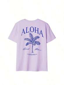 Women's Short-Sleeved T-Shirt With A Round Neck And Palm Print, A Casual And Modern Style, Ideal For Summer, Your Everyday Essential. Printed T-Shirt, White Top For Women, Top, Pink Top, Holiday Set, 100% Cotton - 紫色 2 - 查看 5