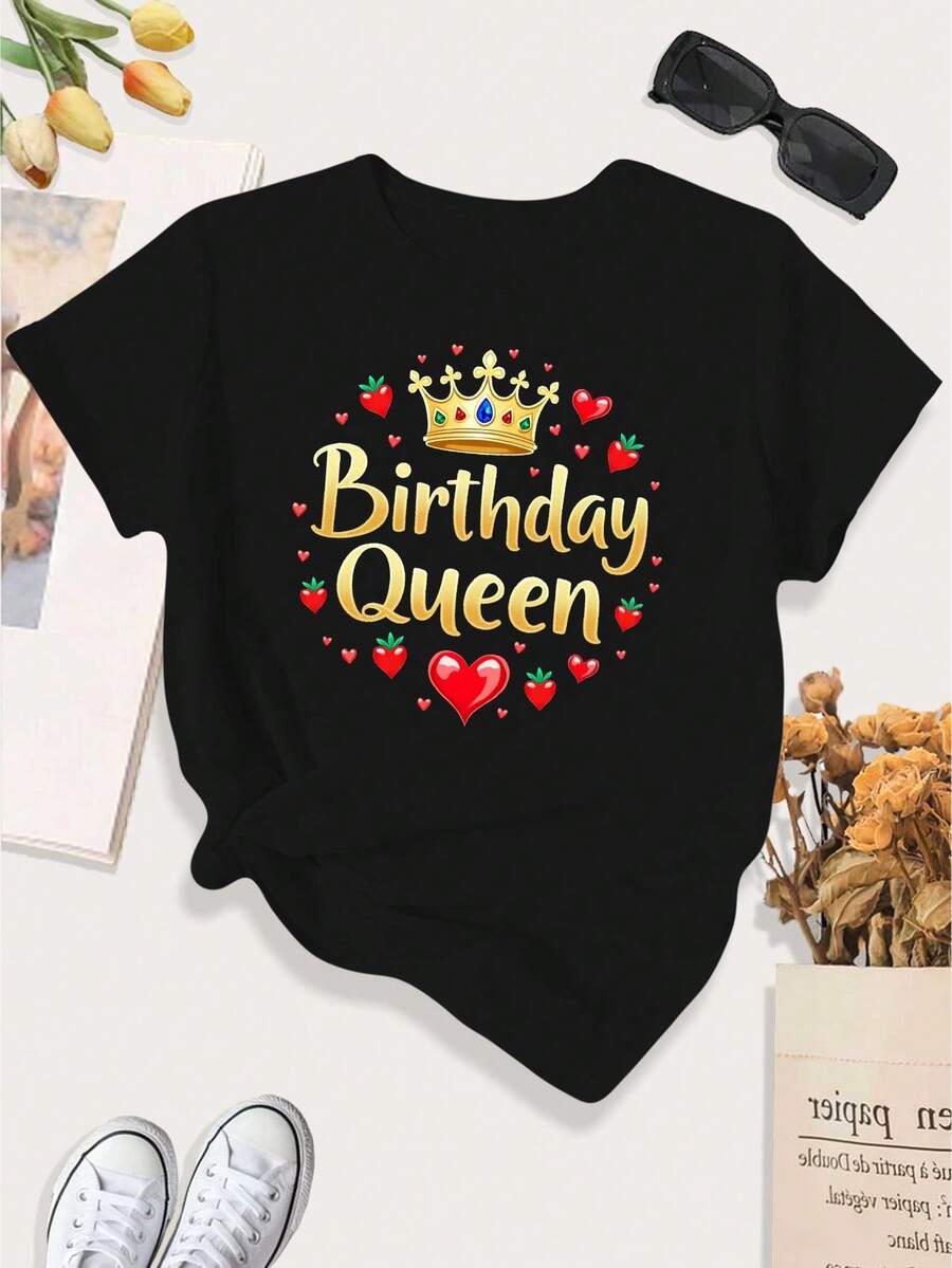 Women's T-Shirt, A Casual Sports T-Shirt For Women, With A Great Birthday Queen Crown Design And Roses. - 黑色 - 查看 1