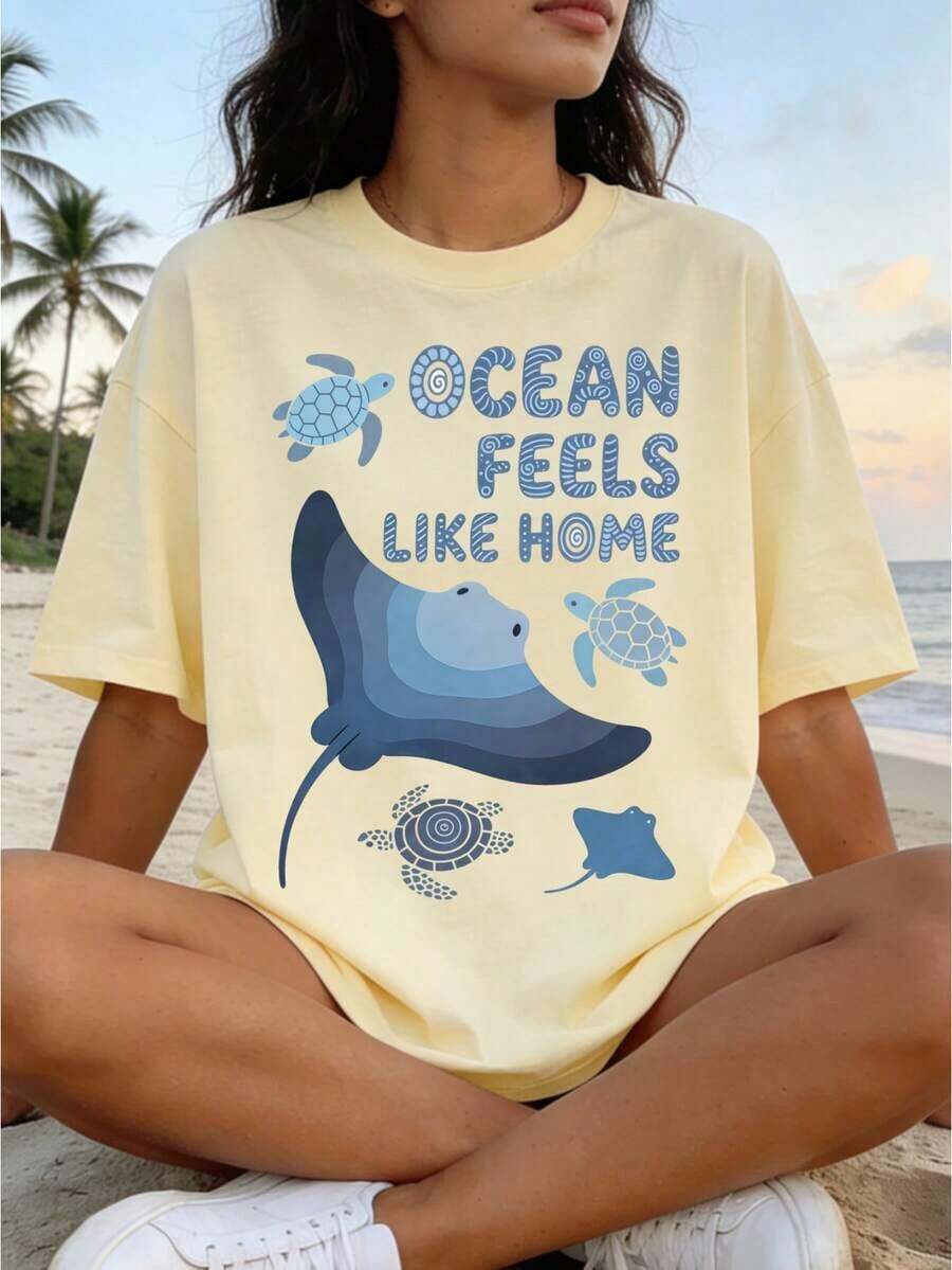 Camiseta Casual de Mujer, Corte Holgado, Estampado de Palmeras y Flores, Hombros Caídos, Manga Corta, Cuello Redondo, Moda - Albaricoque - Ver 1