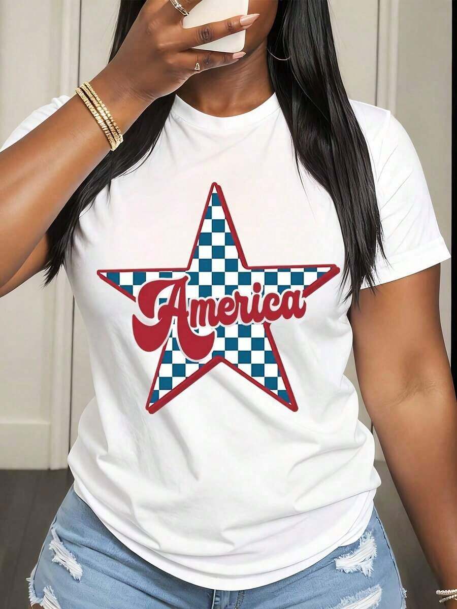 Camiseta de Mujer con Diseño Patriótico a Cuadros Estilo Estrella de América para Celebración del Día de la Independencia y Uso Casual - Blanco - Ver 1