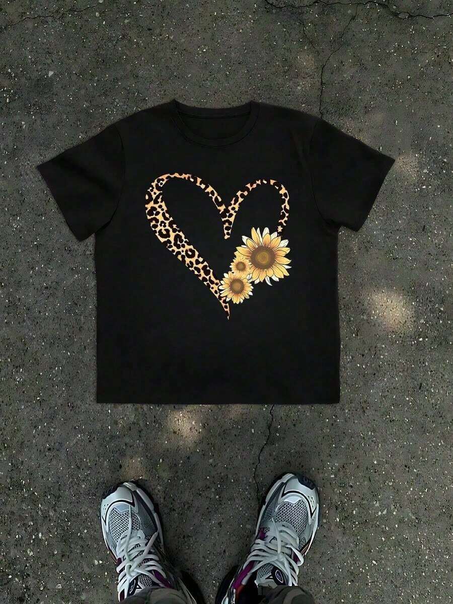 1 Men's T-Shirt With Leopard, Heart And Sunflower Print, Country Theme, 100% Cotton, Casual Summer T-Shirt For Men, Gift For Men, Urban Clothing - 黑色 - 查看 1