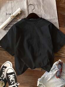 Camiseta Casual de Primavera/Verano para Mujer, Estilo Fresco, Estampado de Lazo, Manga Corta, Cuello Redondo, Algodón Puro[Chu K]blusas para mujer - Negro - Ver 7