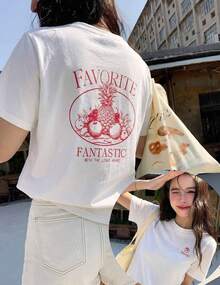 ropa de mujer  Camiseta de manga corta con cuello redondo estilo coreano, informal, con diseño gráfico lindo, para primavera/verano, camisas de mujer - Blanco - Ver 7