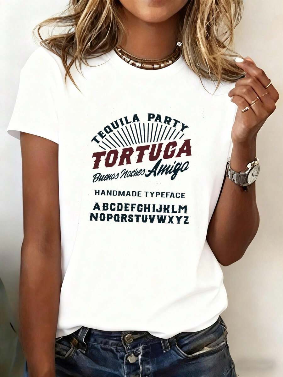 Camiseta Divertida de Fiesta de Tequila para Mujer - 100% Algodón. Camiseta casual vintage de manga corta y cuello redondo, estampada con un diseño de tequila, adecuada para despedidas de soltera, eventos temáticos y uso diario - regalo perfecto. Camiseta cómoda y versátil de manga corta. - Blanco - Ver 1
