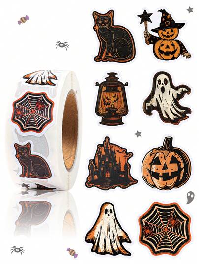 500pcs/Roll Halloween Sticker Roll,Retro Halloween Gift Wrap Stickers,Halloween Pumpkin Ghost Black Cat Pattern Stickers,Halloween Tag Stickers,Horror Stickers,Envelope Sticker Label,Sealing Stickers,Hand Ledger Stickers,Halloween Gift Wrapping Supplies,Candy Bag Gift Bag Decorative Stickers,Halloween Party Favors Decor,Halloween Decoration,Halloween Party Supplies,Halloween Gifts