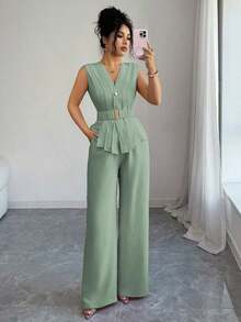 Two-Piece Set Of Flared Trousers With Elastic Waist And Belt, V-Neck, Open Front, Pleats And Asymmetric Hem, Made Of Linen-Like Fabric, For Women, For Spring/Summer, Elegant, Casual, For Work, Vacation, Afternoon Tea - 薄荷綠 - 查看 6