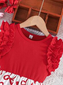 Sleeveless Ruffle Solid Ribbed Bow Floral Print Sweet Dress For Toddler Girls, Summer - Red - View 3