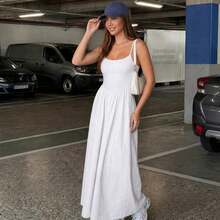 Vestido casual de mujer de un solo color con tirantes finos, adecuado para bodas - Blanco - Ver 5