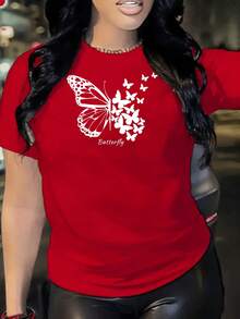Camiseta de manga corta para mujer con estampado de mariposas, cómoda y deportiva, camiseta floral para mujer, camiseta estampada, top para mujer. AFRO - Rojo - Ver 6