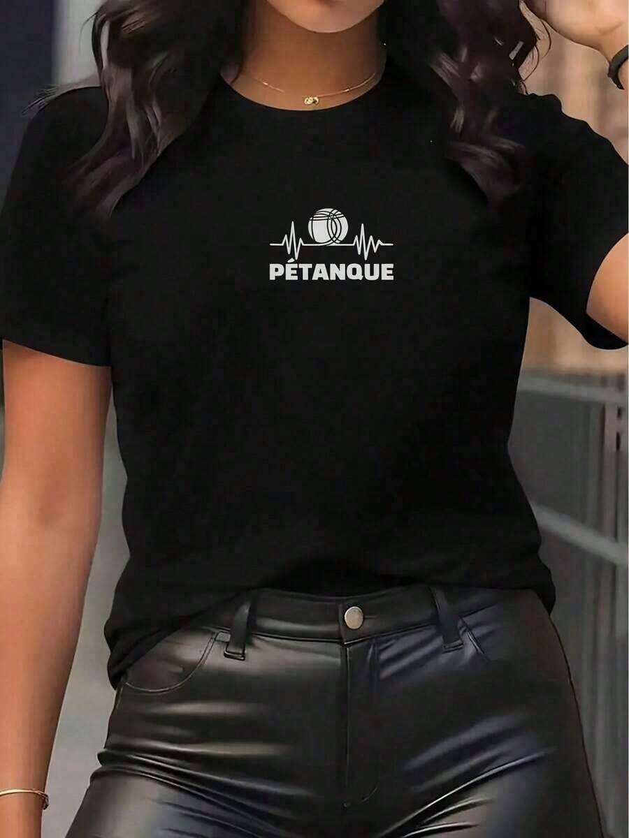 1 Piece Of Women's Short-Sleeved Sports T-Shirt - Petanque Heartbeat Pattern Design, Breathable And Comfortable With A Round Neck, Suitable For Any Occasion, Material Blend, Easy Care, All-Season Wear, Available In Multiple Colors And Sizes, Perfect Match. 180g 100% Cotton. - 黑色 - 查看 1