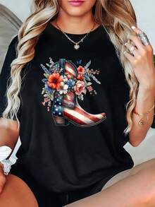 Camiseta de mujer, camiseta casual de cuello redondo para mujer, decorada con estampados florales de botas vaqueras y letras, hecha de tela ligera y transpirable, corte regular, adecuada para usar en primavera y verano. Ropa para fiestas temáticas patrióticas, atuendos para fiestas de adultos, ropa para celebraciones de temporada, estampados divertidos de temporada, calidad de impresión duradera. - Negro - Ver 1