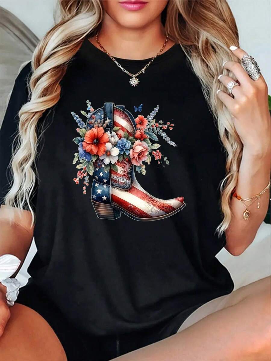 Camiseta de mujer, camiseta casual de cuello redondo para mujer, decorada con estampados florales de botas vaqueras y letras, hecha de tela ligera y transpirable, corte regular, adecuada para usar en primavera y verano. Ropa para fiestas temáticas patrióticas, atuendos para fiestas de adultos, ropa para celebraciones de temporada, estampados divertidos de temporada, calidad de impresión duradera. - Negro - Ver 1